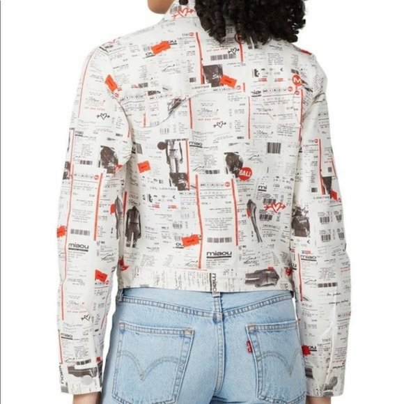 Miaou White Red Newsprint Denim cropped Jacket button front Lottery Ticket Multi - Picture 4 of 16